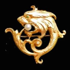 Carter & Gough Antique Art Nouveau 14k Gold Griffin Dragon Pearl Brooch Pin 4.3g